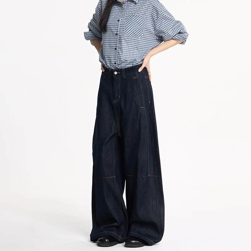 Damen Extraweite High‑Waist Denim‑Hose mit bodenlangem weitem Bein Nord Taschen