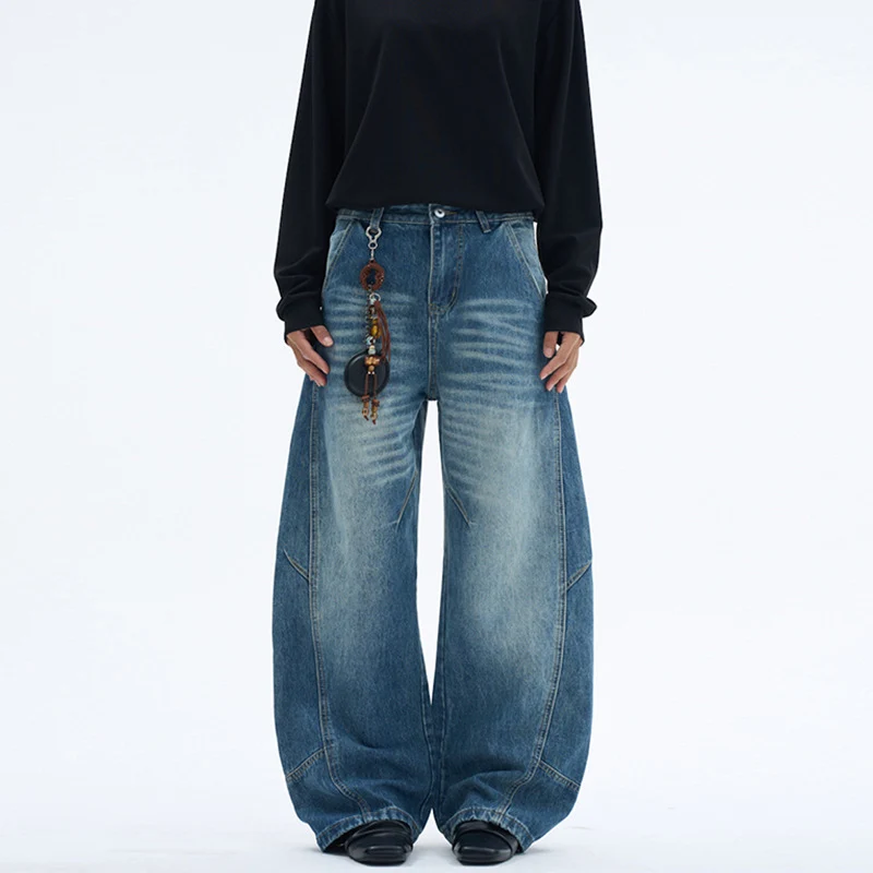 Damen Extraweite Denim-Palazzohose mit Paneelnähten und bodenlangem Saum Nord Taschen
