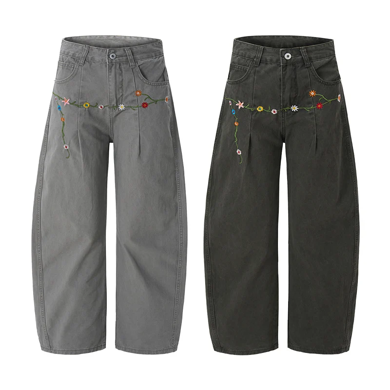 Damen Extraweite Denim-Palazzohose mit floraler Stickerei Nord Taschen