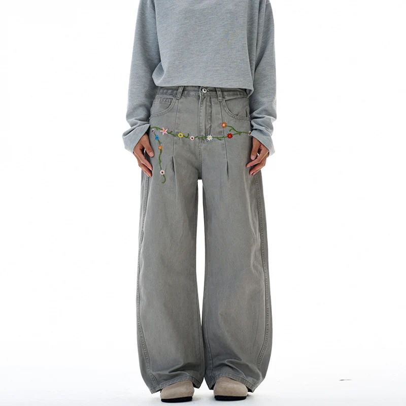Damen Extraweite Denim-Palazzohose mit floraler Stickerei Nord Taschen