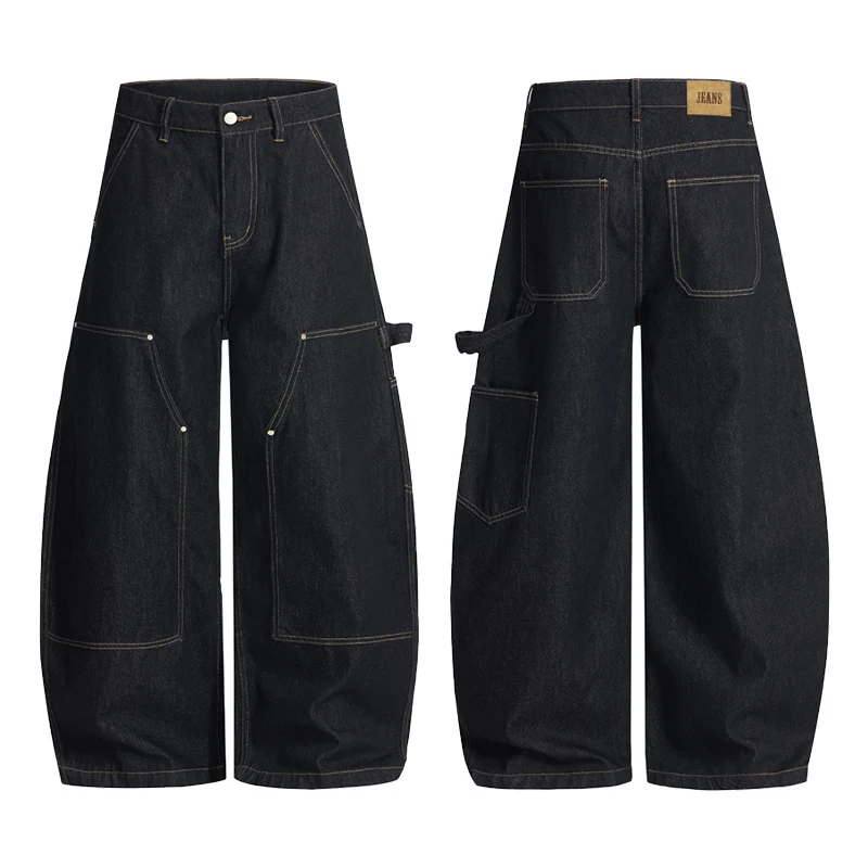 Damen Extraweite Denim-Palazzohose im Cargostil mit tiefem Schritt, Kontrastnähten und Utility‑Details Nord Taschen