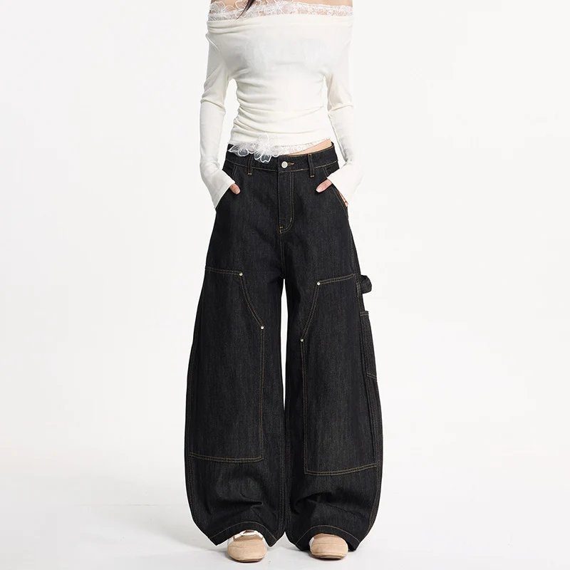 Damen Extraweite Denim-Palazzohose im Cargostil mit tiefem Schritt, Kontrastnähten und Utility‑Details Nord Taschen
