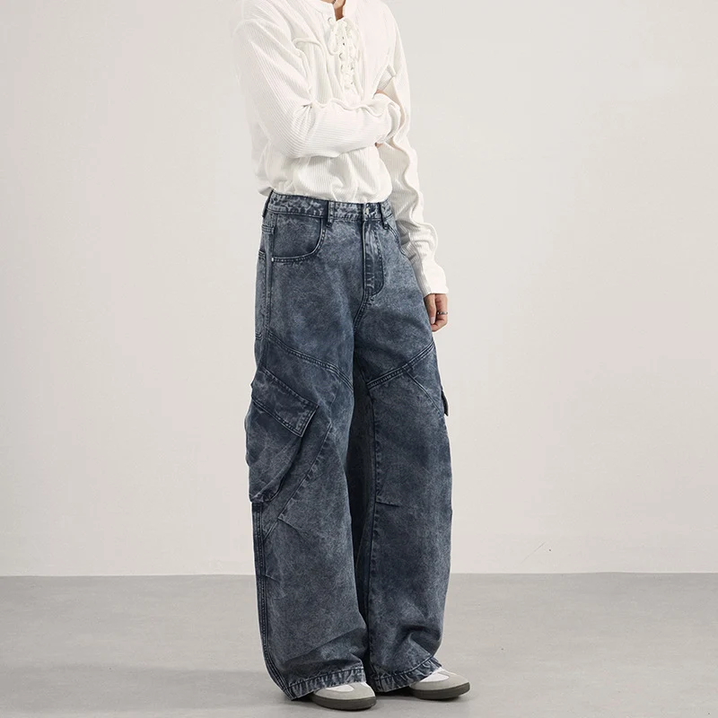 Damen Extraweite Cargo-Denim-Palazzohose mit diagonalem Nahtdesign und großen Klappentaschen Nord Taschen