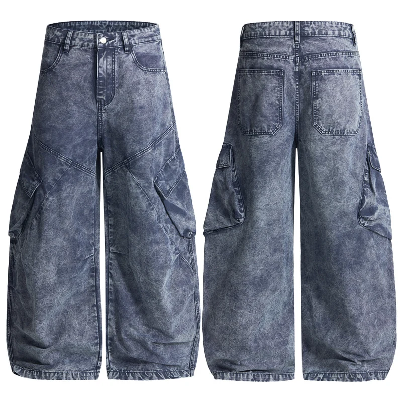 Damen Extraweite Cargo-Denim-Palazzohose mit diagonalem Nahtdesign und großen Klappentaschen Nord Taschen