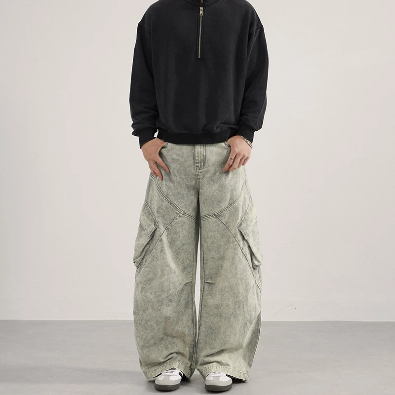 Damen Extraweite Cargo-Denim-Palazzohose mit diagonalem Nahtdesign und großen Klappentaschen Nord Taschen