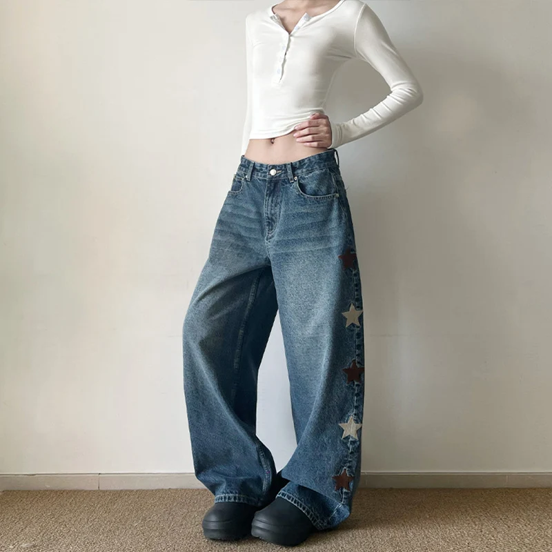 Damen Extraweite Baggy-Jeans mit Stern‑Applikationen und bodenlanger Silhouette Nord Taschen