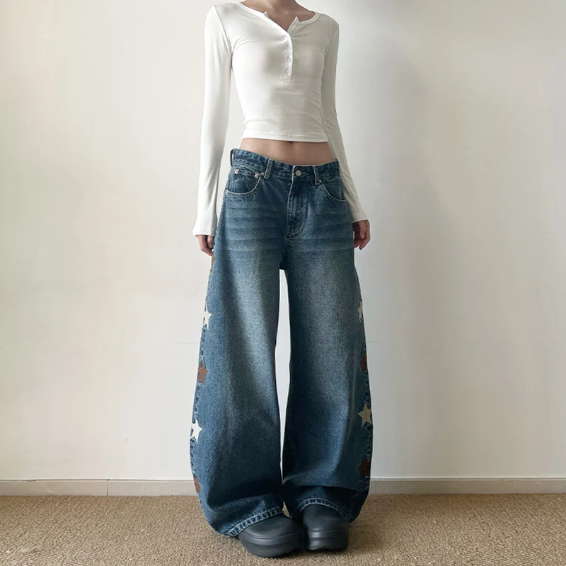 Damen Extraweite Baggy-Jeans mit Stern‑Applikationen und bodenlanger Silhouette Nord Taschen