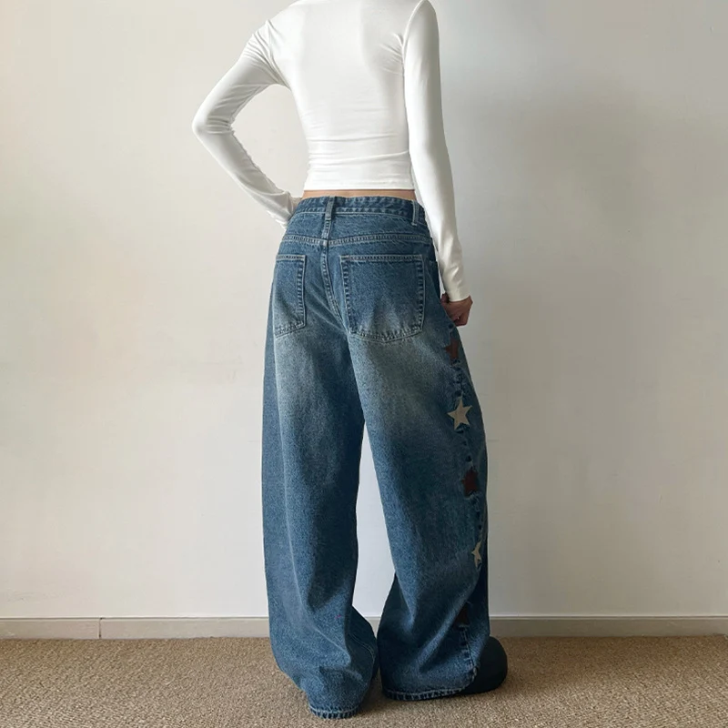 Damen Extraweite Baggy-Jeans mit Stern‑Applikationen und bodenlanger Silhouette Nord Taschen