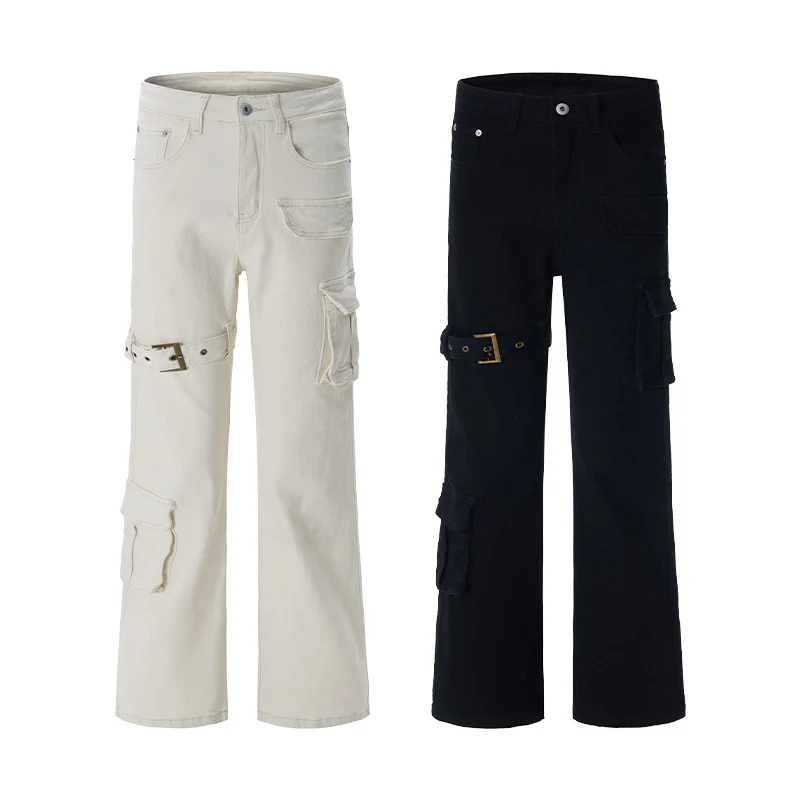 Damen Cargo-Flared-Jeans mit hoher Bundlinie, Utility-Taschen und Beinschnalle Nord Taschen