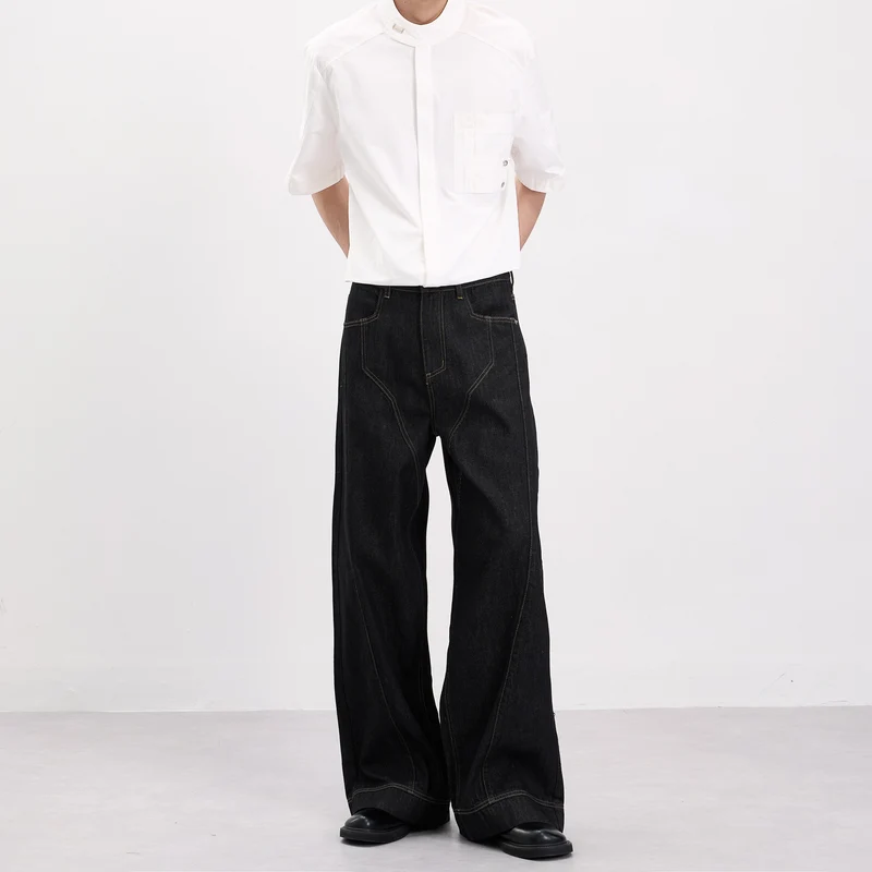 Herren Oversize-Denim-Palazzohose mit skulpturalen Paneelnähten und tiefem Schritt Nord Taschen