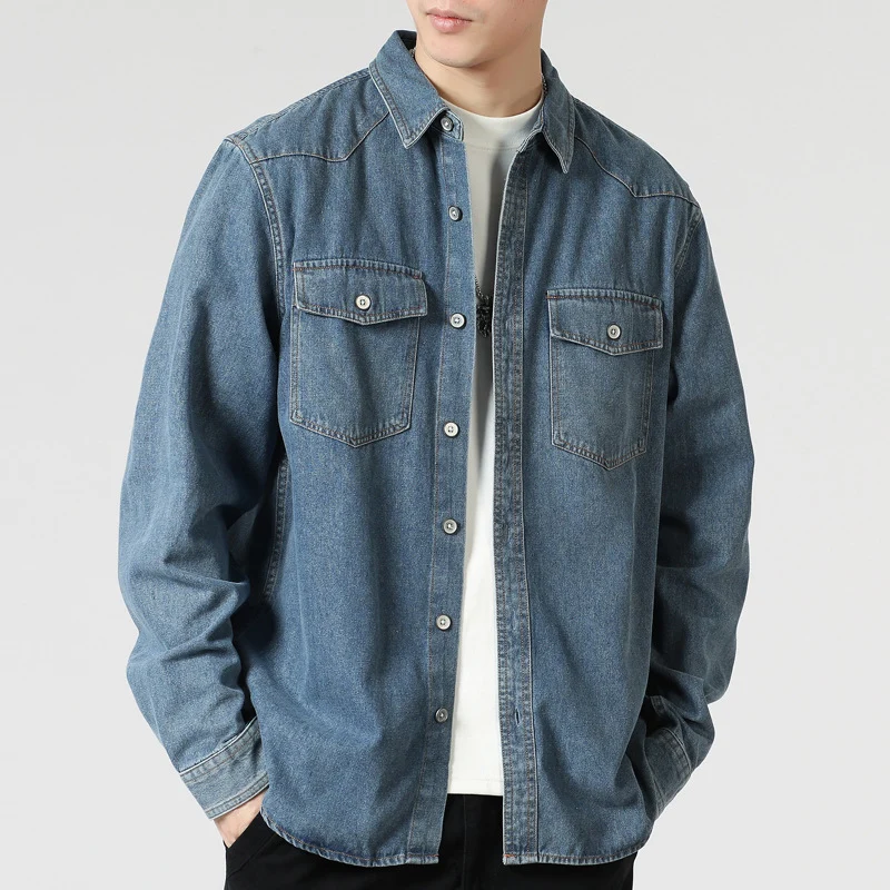 Herren Lockeres Denim-Overshirt mit aufgesetzten Brusttaschen und durchgehender Knopfleiste Nord Taschen
