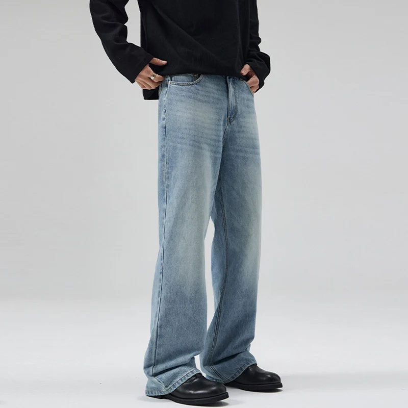 Herren Leicht verwaschene Ultraweite Denim-Marlenehose mit bodenlangem Saum Nord Taschen