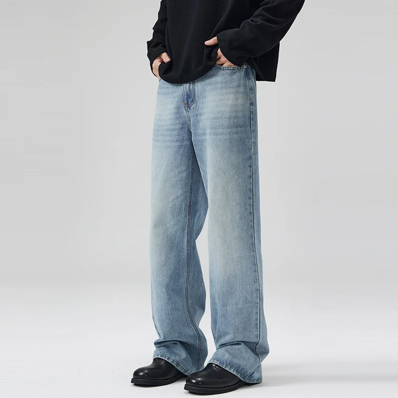 Herren Leicht verwaschene Ultraweite Denim-Marlenehose mit bodenlangem Saum Nord Taschen