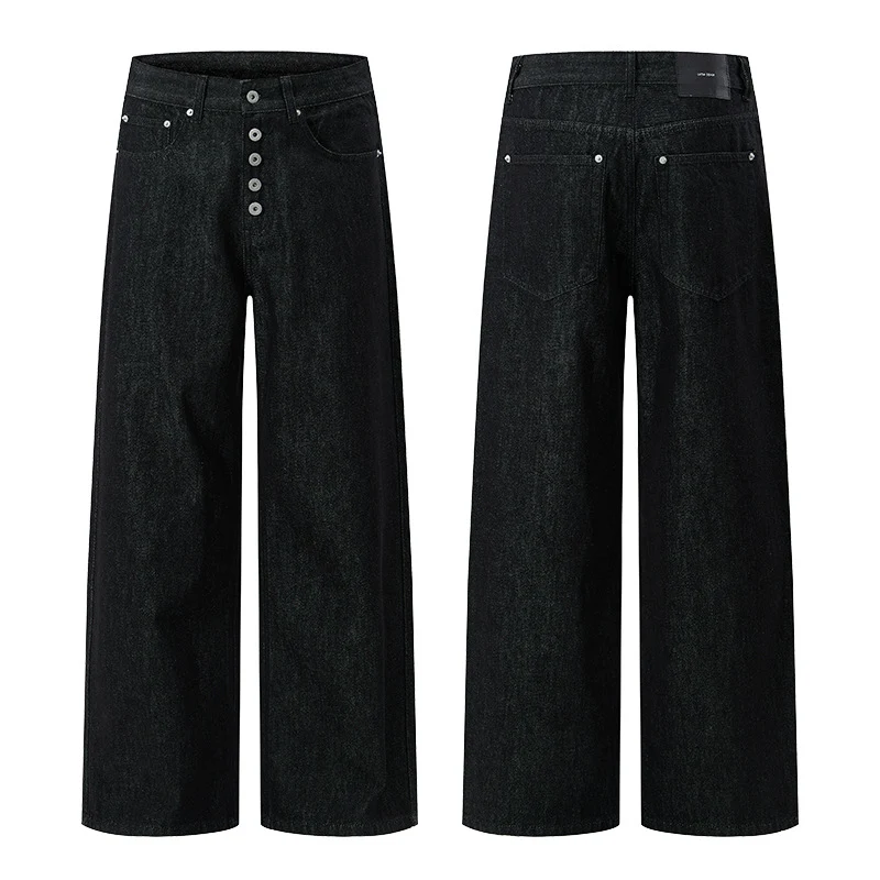 Herren Hochtaillierte weite Denim-Hose mit sichtbarer Knopfleiste und extra langem Saum Nord Taschen