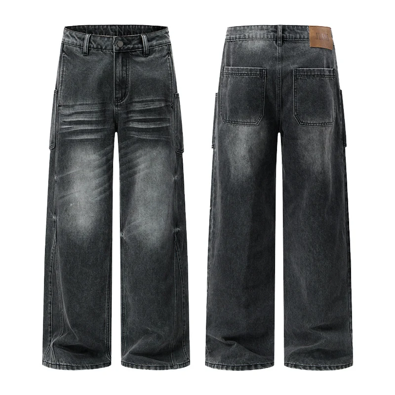 Herren Extraweite Skulpturale Denim‑Palazzohose mit Kniefalten und Teilungsnähten Nord Taschen