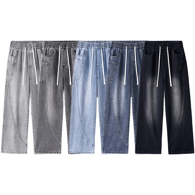 Herren Extraweite Denim-Baggyhose mit Tunnelzugbund und Paneelnähten Nord Taschen