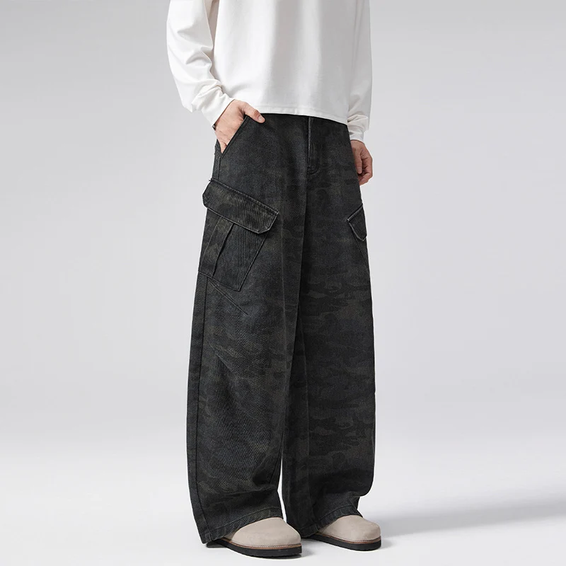 Herren Extraweite Cargohose im Palazzoschnitt aus schwerem Camouflage-Denim Nord Taschen