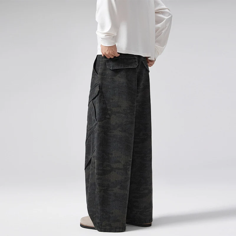 Herren Extraweite Cargohose im Palazzoschnitt aus schwerem Camouflage-Denim Nord Taschen