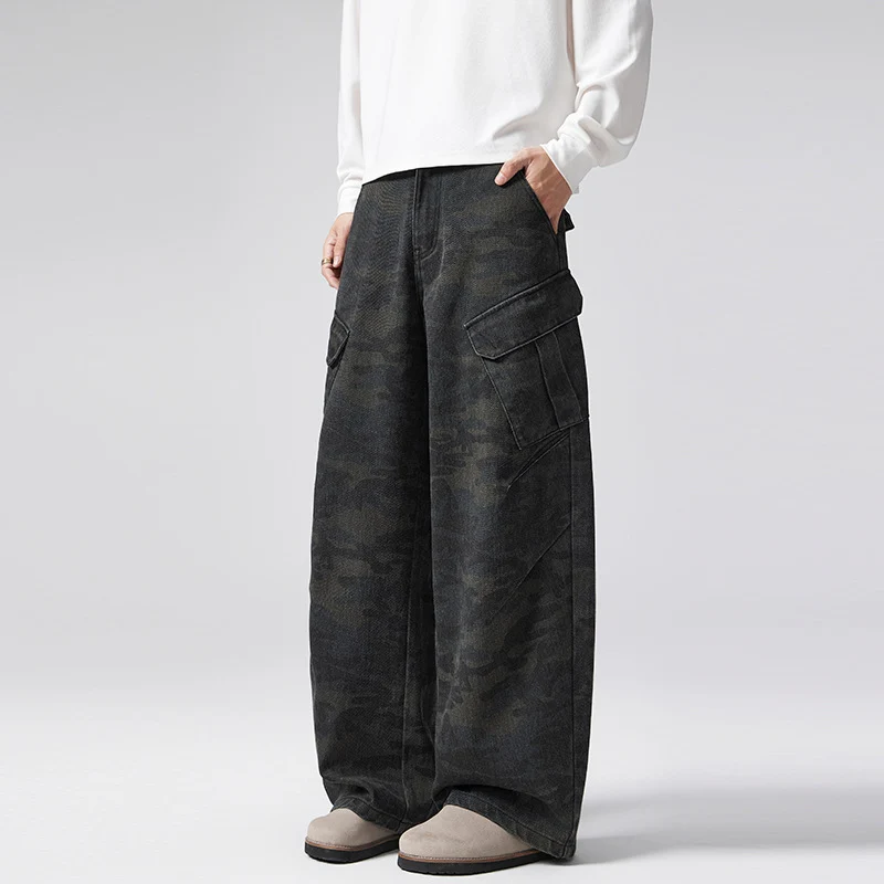Herren Extraweite Cargohose im Palazzoschnitt aus schwerem Camouflage-Denim Nord Taschen