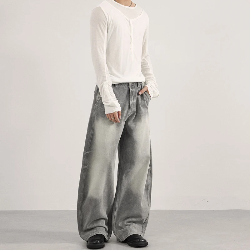 Herren Bodenlange Oversized-Denim-Palazzohose mit verwaschener Fade-Optik und tiefem Schritt Nord Taschen