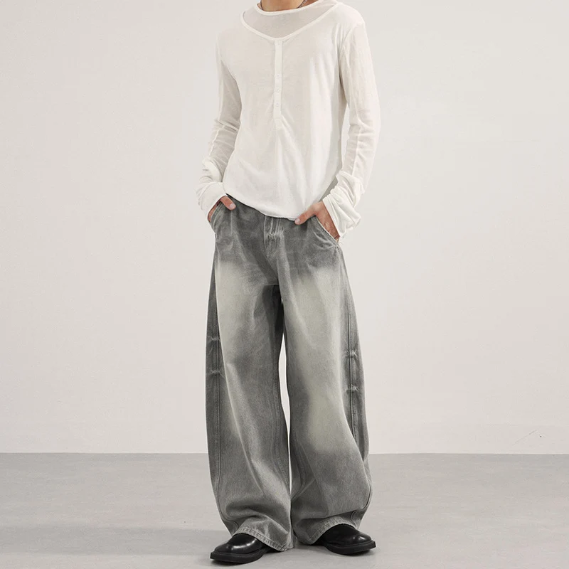 Herren Bodenlange Oversized-Denim-Palazzohose mit verwaschener Fade-Optik und tiefem Schritt Nord Taschen