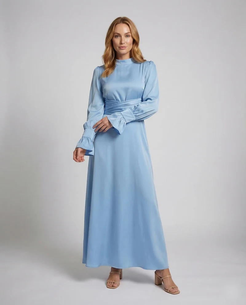 Damen Maxikleid Stehkragen Manschettenärmel
