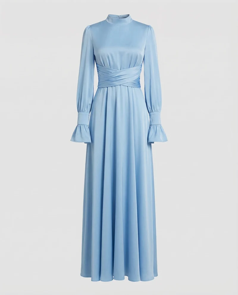 Damen Maxikleid Stehkragen Manschettenärmel