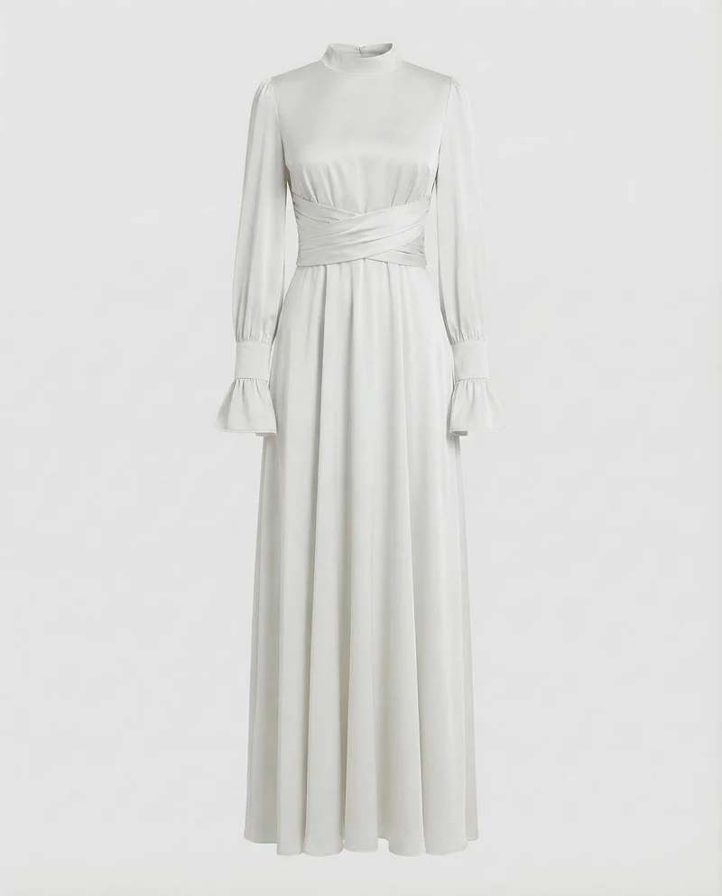 Damen Maxikleid Stehkragen Manschettenärmel