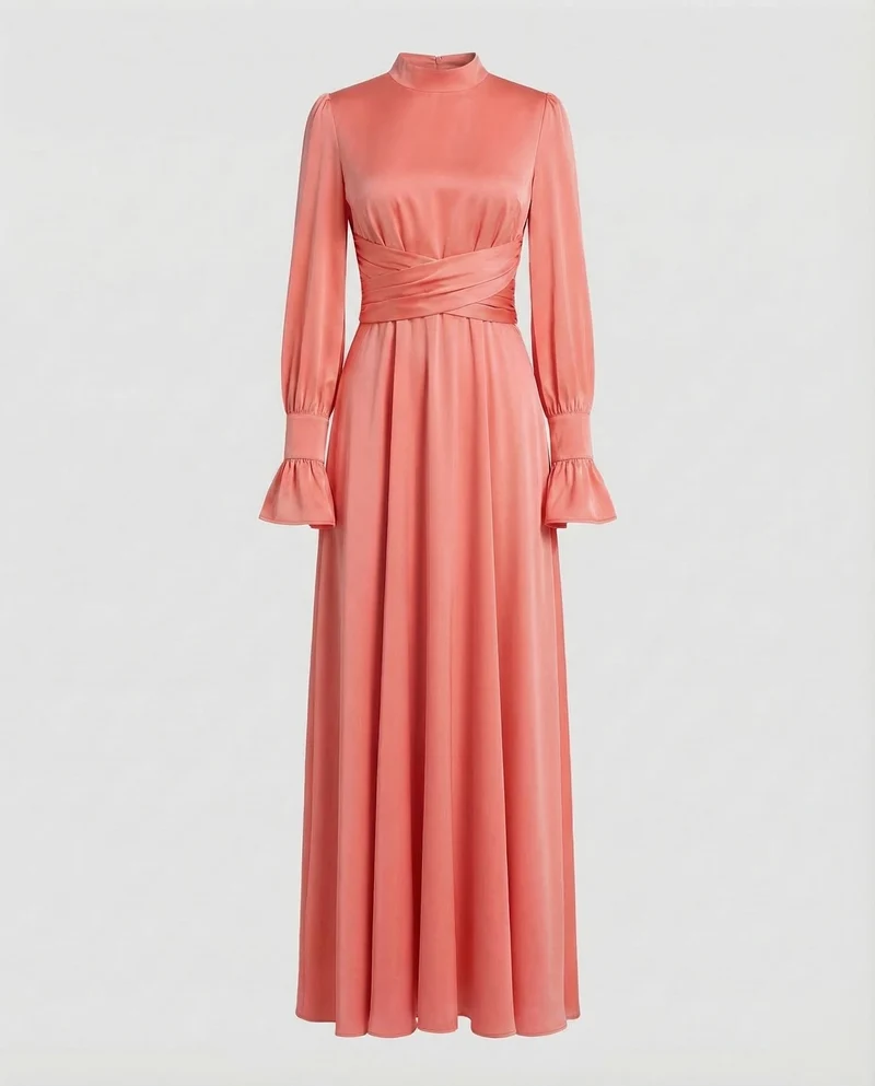 Damen Maxikleid Stehkragen Manschettenärmel