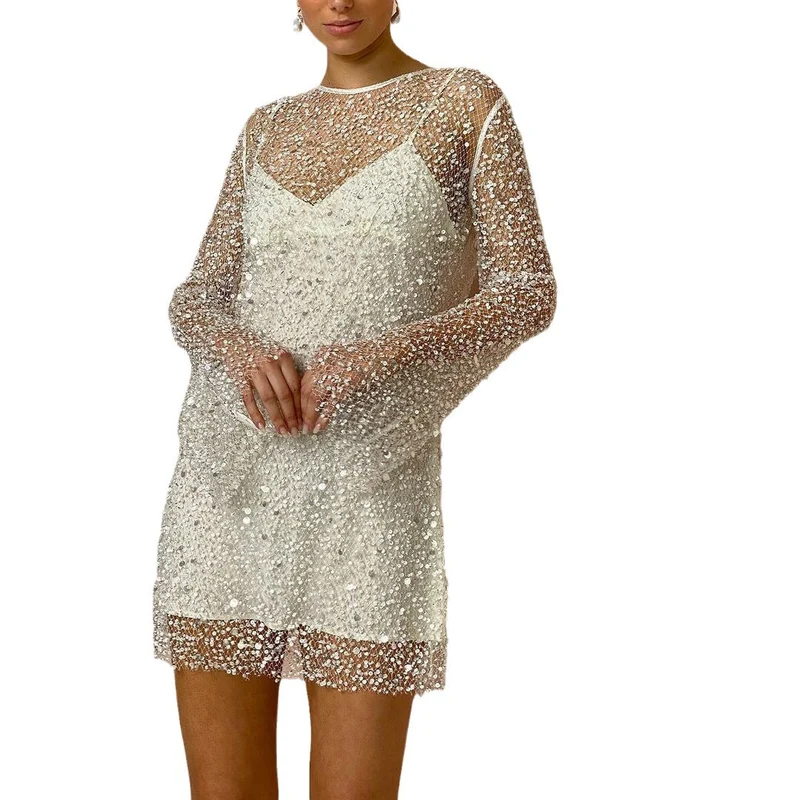 Perlen See-through Mesh Zweiteiliges Set Sling Kleid