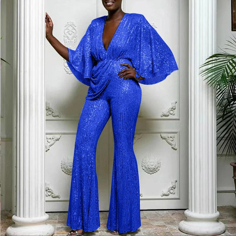 Damen Glamouröser Jumpsuit mit funkelnden Pailletten und weitem Bein