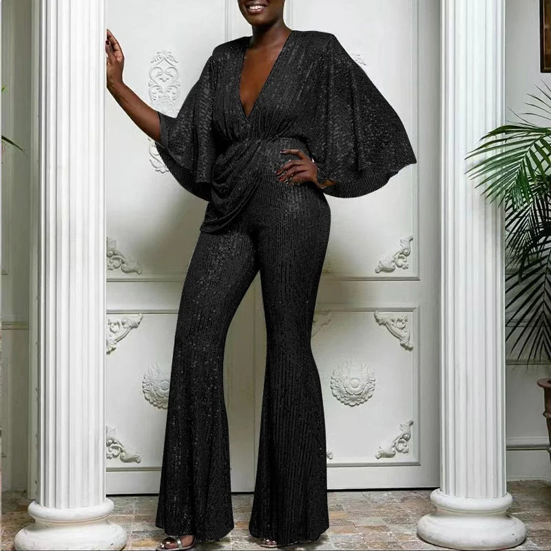 Damen Glamouröser Jumpsuit mit funkelnden Pailletten und weitem Bein