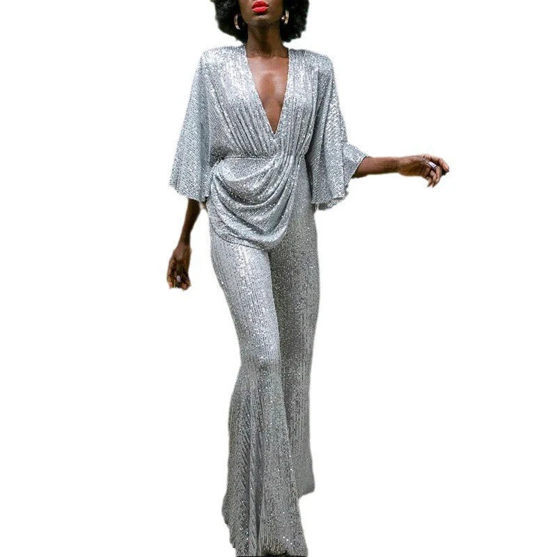 Damen Glamouröser Jumpsuit mit funkelnden Pailletten und weitem Bein