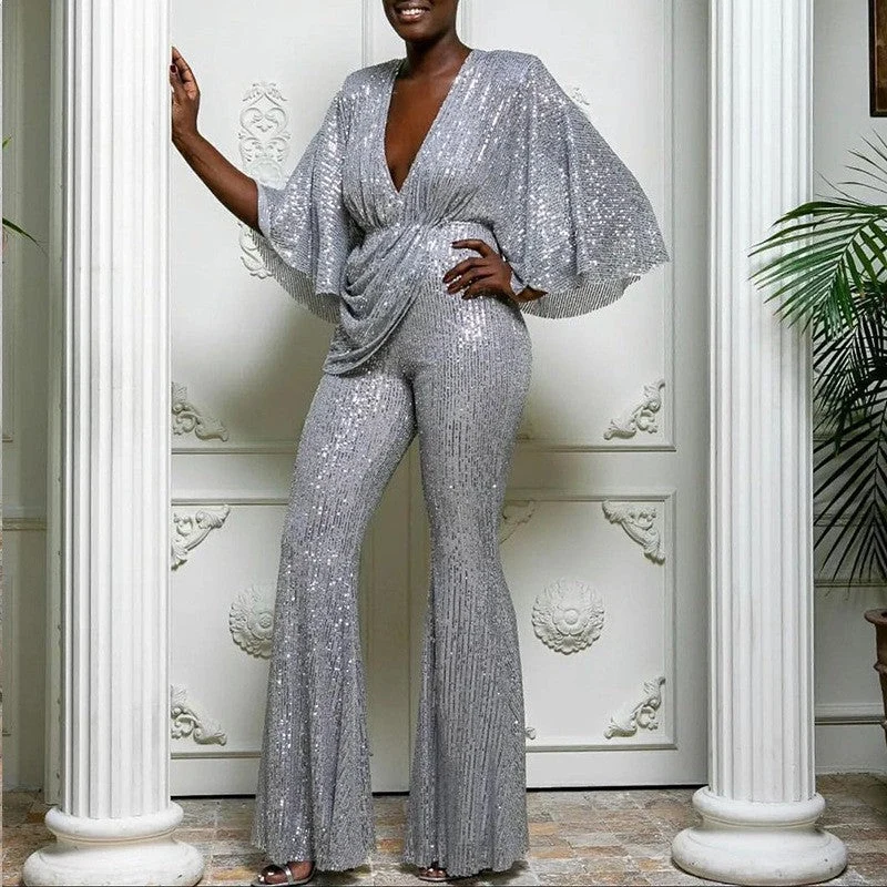 Damen Glamouröser Jumpsuit mit funkelnden Pailletten und weitem Bein