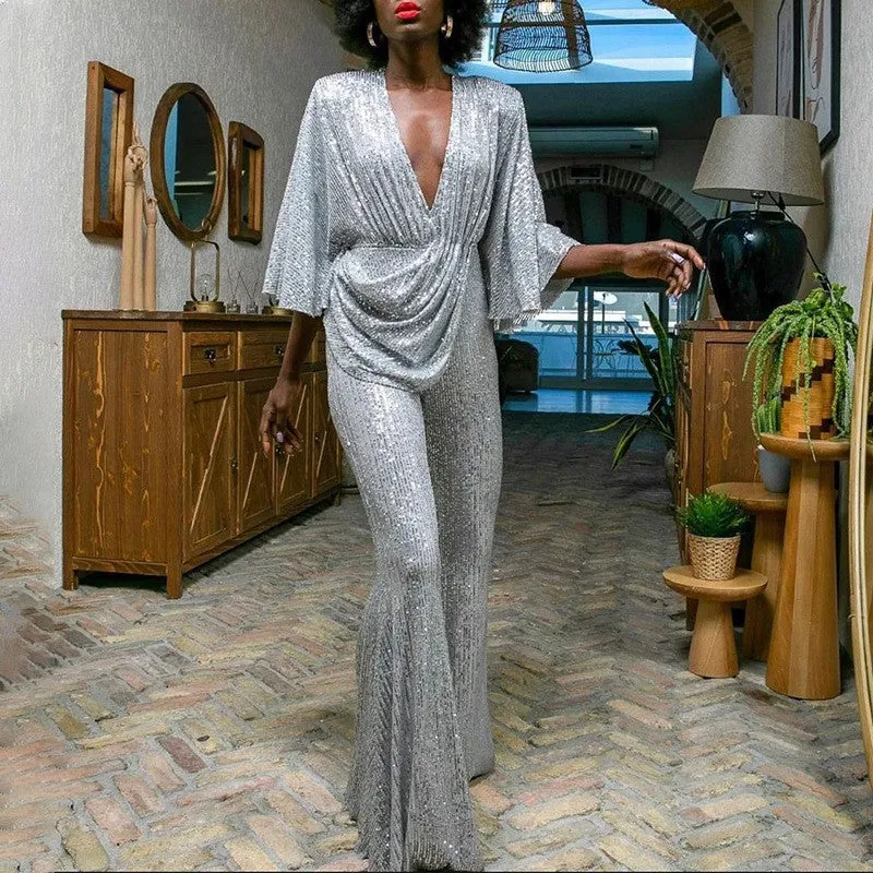 Damen Glamouröser Jumpsuit mit funkelnden Pailletten und weitem Bein