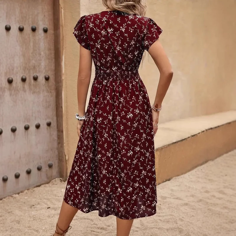 Damen Midikleid mit elastischem Tailleneinsatz und Rüschenärmeln