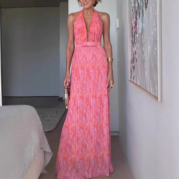Damen Plissiertes Maxikleid mit tiefem Ausschnitt und elegantem Gürtel