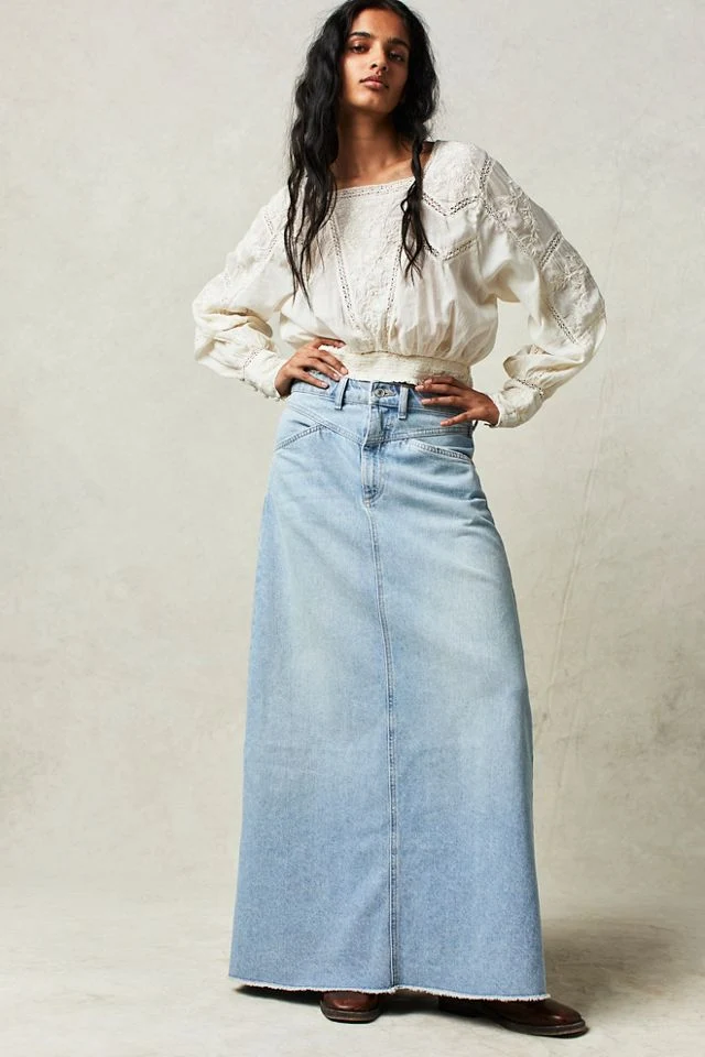 Damen Langer Denim-Rock mit hoher Taille und Taschen