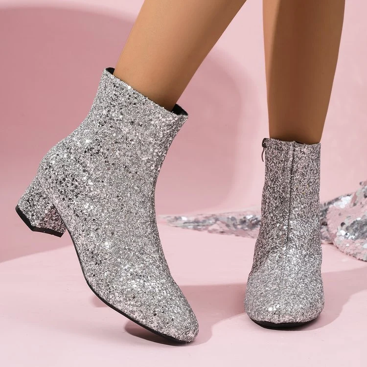 Damen nan glitzernde Stiefeletten mit kurzem Blockabsatz und seitlichem Reißverschluss Nord Taschen