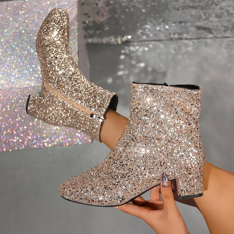 Damen nan glitzernde Stiefeletten mit kurzem Blockabsatz und seitlichem Reißverschluss Nord Taschen