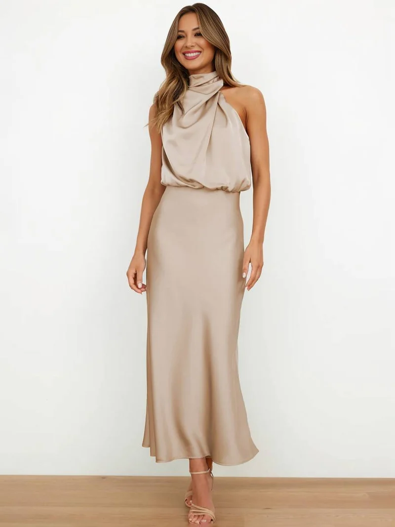 Lange Satin Brautjungfernkleid Unregelmäßiger Rollkragen Halsband Ärmless Elegant Abendkleid für Hochzeit
