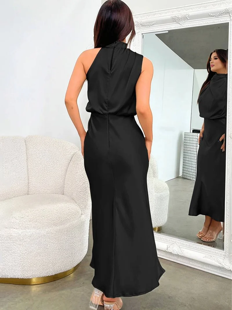 Lange Satin Brautjungfernkleid Unregelmäßiger Rollkragen Halsband Ärmless Elegant Abendkleid für Hochzeit