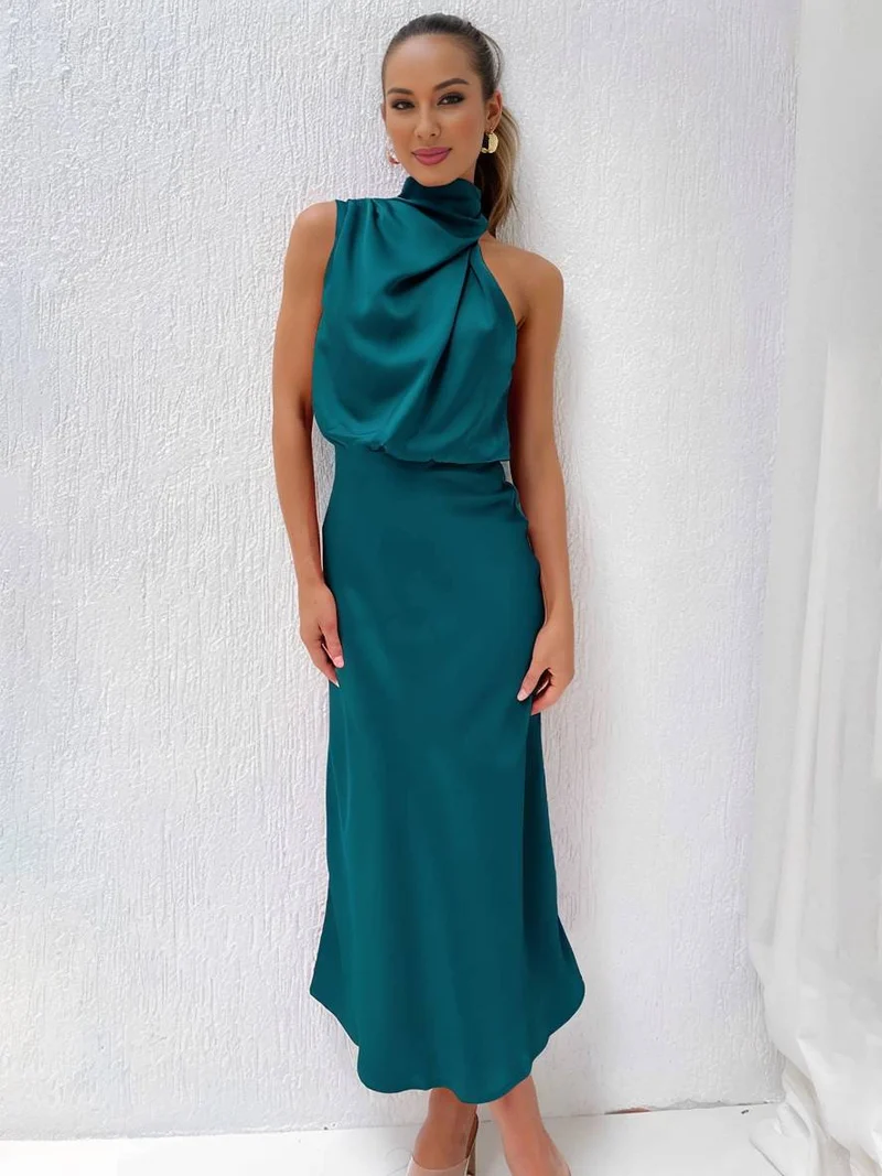 Lange Satin Brautjungfernkleid Unregelmäßiger Rollkragen Halsband Ärmless Elegant Abendkleid für Hochzeit