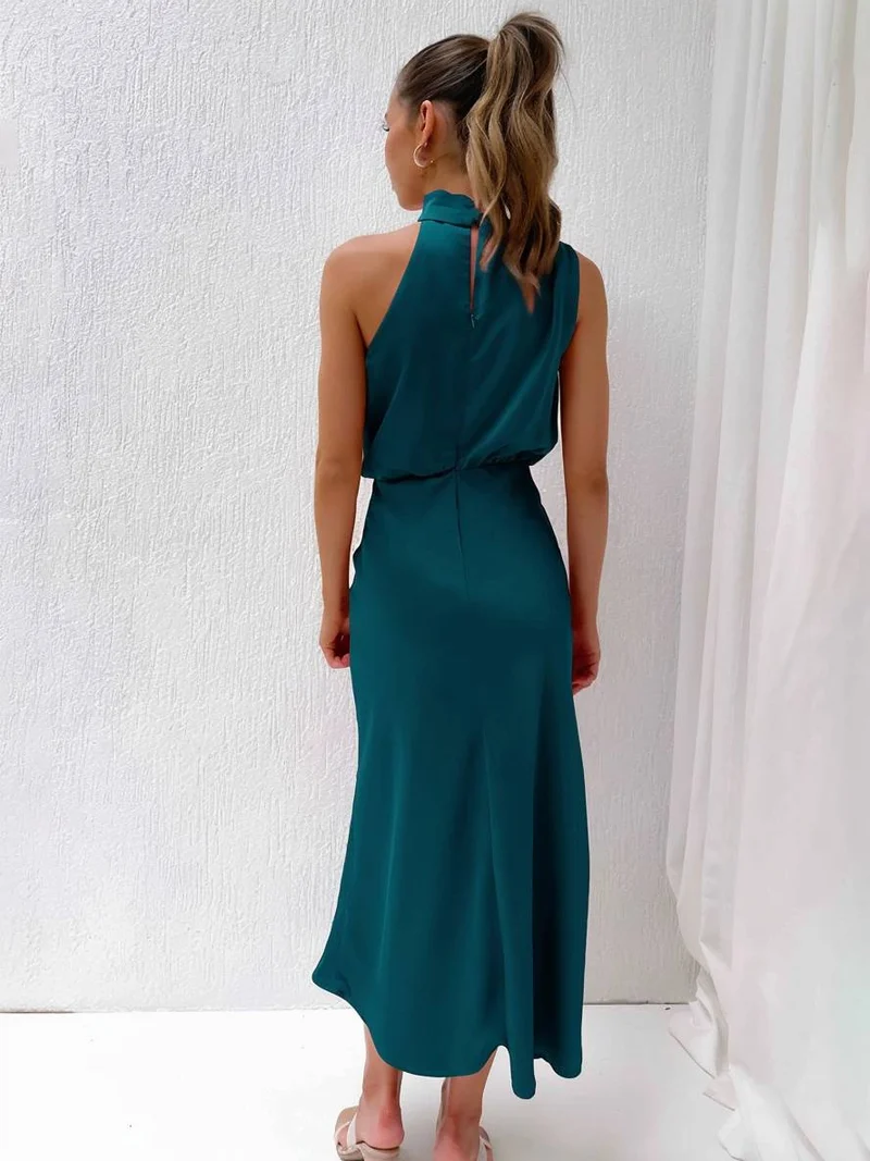 Lange Satin Brautjungfernkleid Unregelmäßiger Rollkragen Halsband Ärmless Elegant Abendkleid für Hochzeit