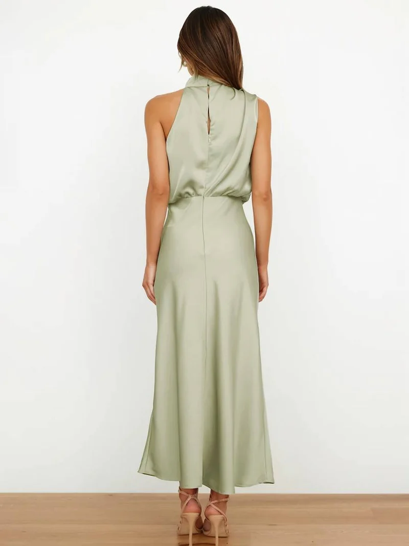 Lange Satin Brautjungfernkleid Unregelmäßiger Rollkragen Halsband Ärmless Elegant Abendkleid für Hochzeit