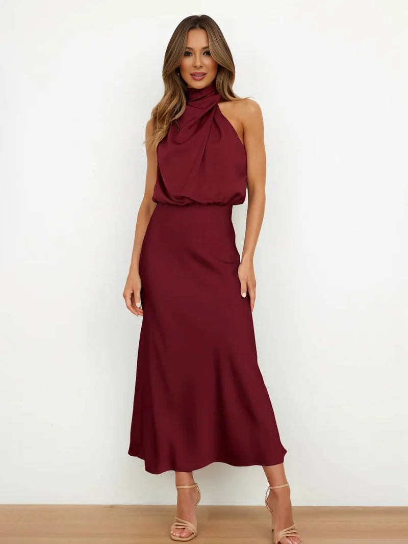 Lange Satin Brautjungfernkleid Unregelmäßiger Rollkragen Halsband Ärmless Elegant Abendkleid für Hochzeit