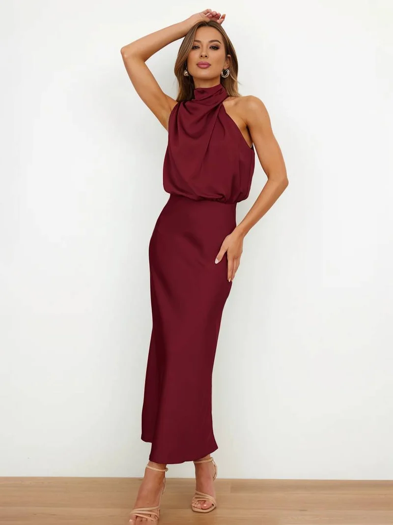 Lange Satin Brautjungfernkleid Unregelmäßiger Rollkragen Halsband Ärmless Elegant Abendkleid für Hochzeit