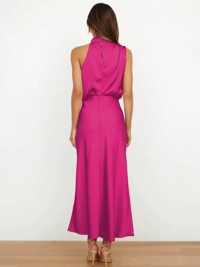 Lange Satin Brautjungfernkleid Unregelmäßiger Rollkragen Halsband Ärmless Elegant Abendkleid für Hochzeit