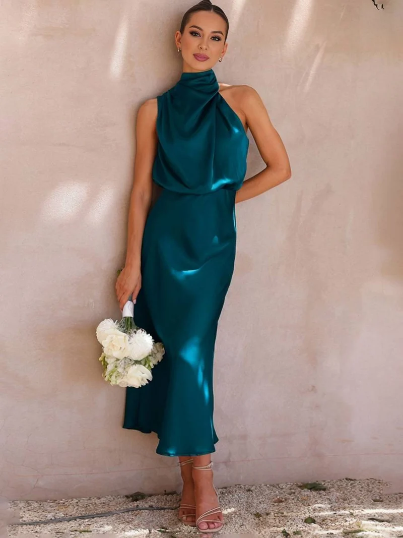 Lange Satin Brautjungfernkleid Unregelmäßiger Rollkragen Halsband Ärmless Elegant Abendkleid für Hochzeit