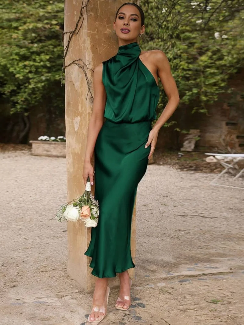 Lange Satin Brautjungfernkleid Unregelmäßiger Rollkragen Halsband Ärmless Elegant Abendkleid für Hochzeit